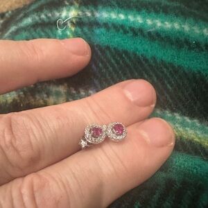3mm lab created ruby, cz halo diamonds, stamped .925 stud earrings!